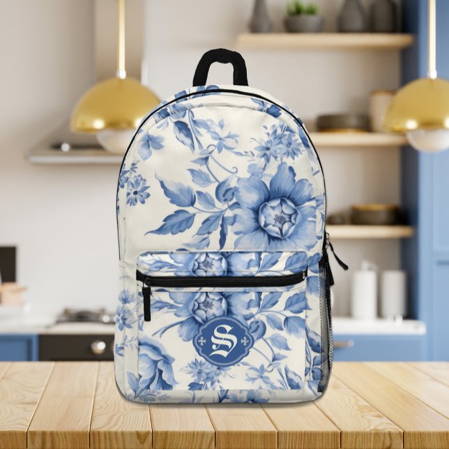 Blue Floral French Toile Chinoiserie Personalized Printed Backpack (Blue Floral French Toile Chinoiserie Personalized Printed Backpack)