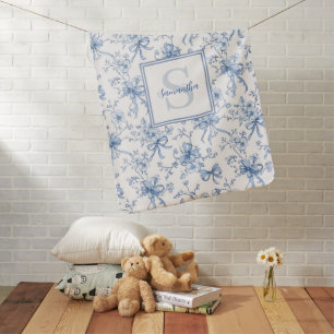 Blue Floral French Toile Monogram Name Baby Blanket