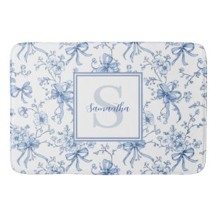 Blue Floral French Toile Monogram Name Bath Mat