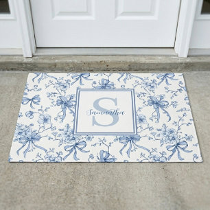Blue Floral French Toile Monogram Name Doormat