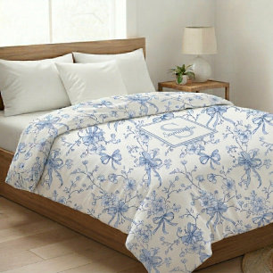 Blue Floral French Toile Monogram Name  Duvet Cover