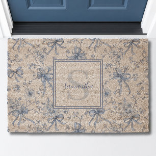 Blue Floral French Toile Monogram Name Fiber Doormat