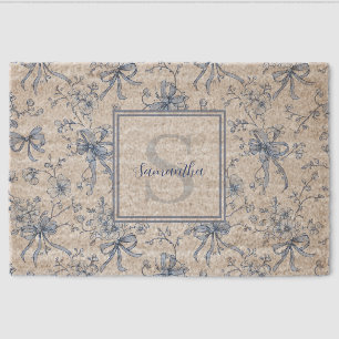 Blue Floral French Toile Monogram Name Fiber Doormat