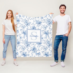 Blue Floral French Toile Monogram Name Fleece Blanket