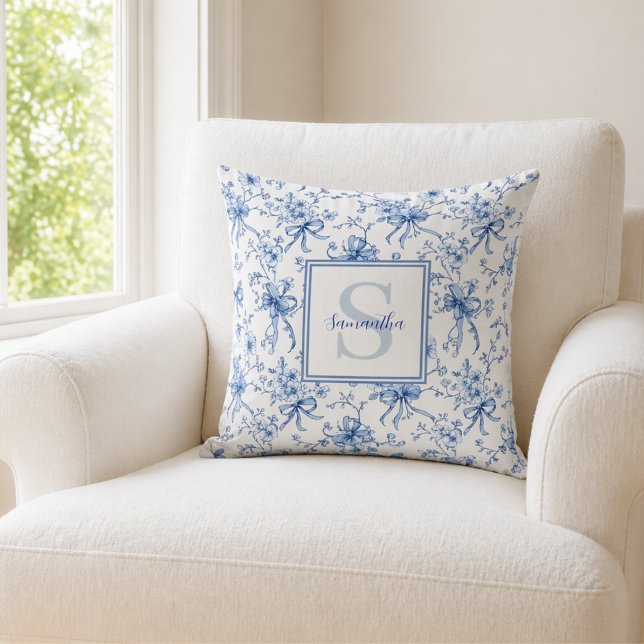 Blue Floral French Toile Monogram Name Throw Pillow (Creator Uploaded)