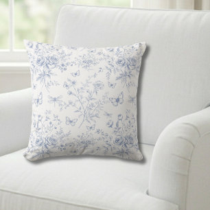 Blue Floral French Toile Throw Pillow