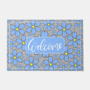 Blue Floral Front Door Welcome Mat