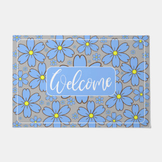 Blue Floral Front Door Welcome Mat