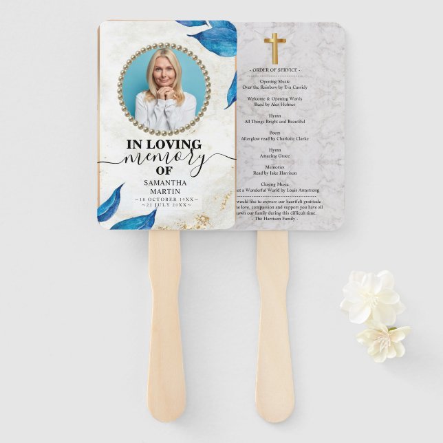 Blue Floral Funeral Celebration of Life Hand Fan (Front and Back)