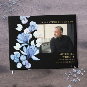 Blue Floral Funeral Celebration Of Life Photo Guest Book