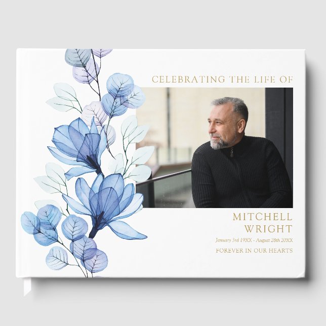 Blue Floral Funeral Celebration Of Life Photo Guest Book (Front)