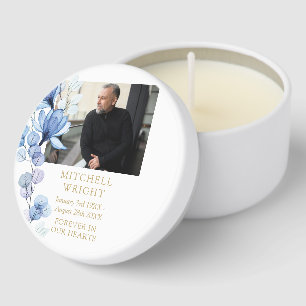 Blue Floral Funeral Celebration Of Life Photo Mini Candle Favors