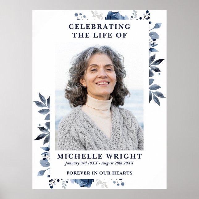 Blue Floral Funeral Celebration Of Life Photo Sign (Front)