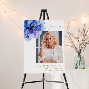 Blue Floral Funeral Celebration Of Life Photo Sign