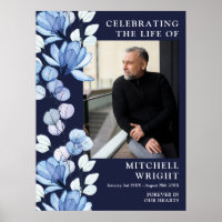 Blue Floral Funeral Celebration Of Life Photo Sign