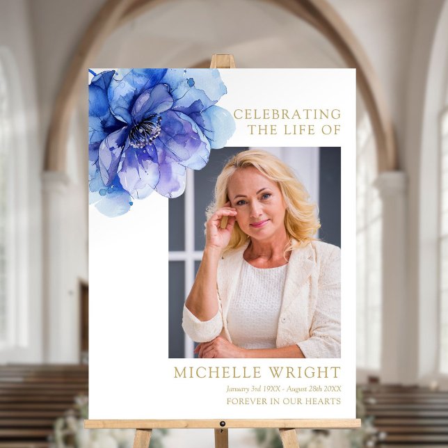 Blue Floral Funeral Celebration Of Life Photo Sign (Blue Floral Funeral Celebration Of Life Photo Sign)