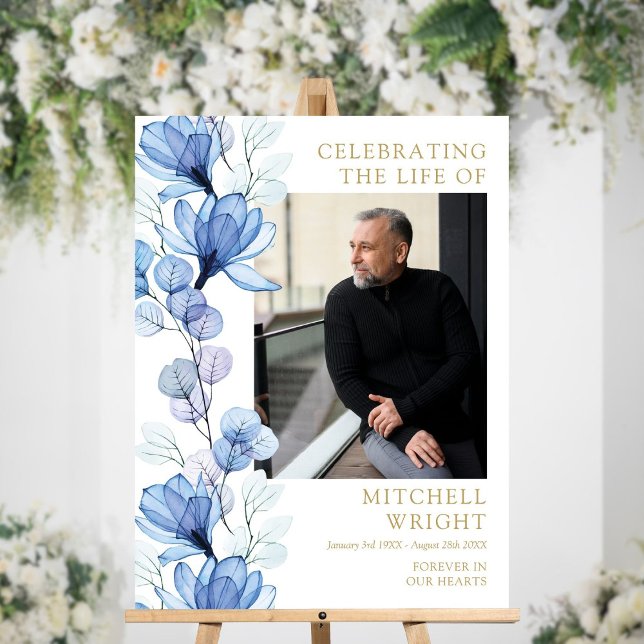 Blue Floral Funeral Celebration Of Life Photo Sign (Blue Floral Funeral Celebration Of Life Photo Sign)