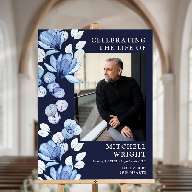 Blue Floral Funeral Celebration Of Life Photo Sign (Blue Floral Funeral Celebration Of Life Photo Sign)