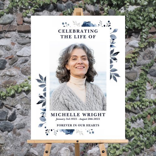 Blue Floral Funeral Celebration Of Life Photo Sign