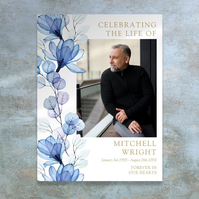 Blue Floral Funeral Celebration Of Life Photo Sign (Blue Floral Funeral Celebration Of Life Photo Sign)