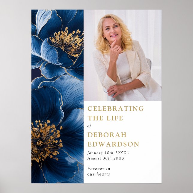 Blue Floral Funeral Celebration Of Life Photo Sign (Front)