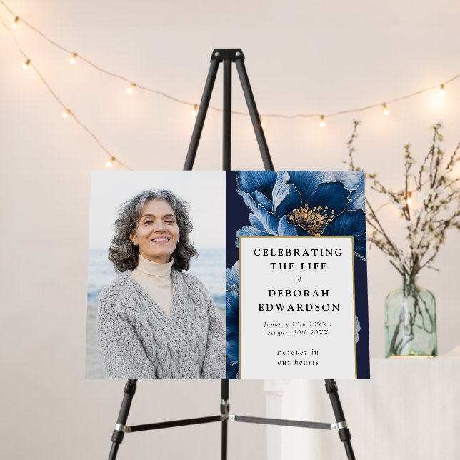Blue Floral Funeral Celebration Of Life Photo Sign (In Situ (Stand))