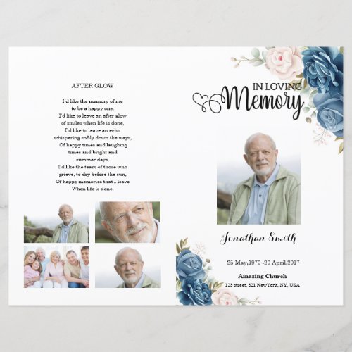 Blue Floral Funeral Program template