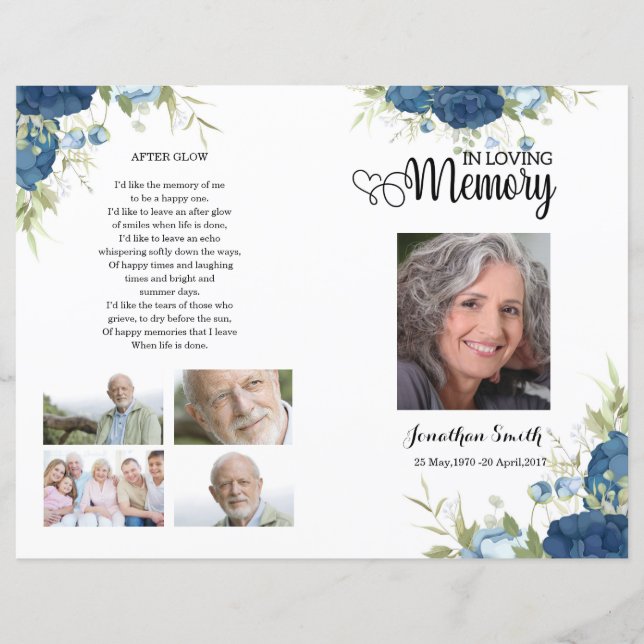 Blue floral Funeral Program template (Front)