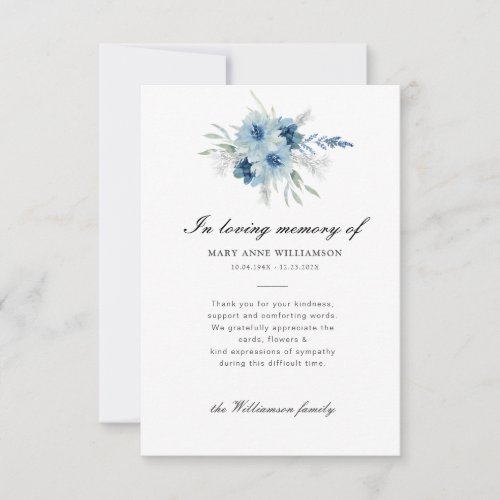 blue floral funeral thank you note card