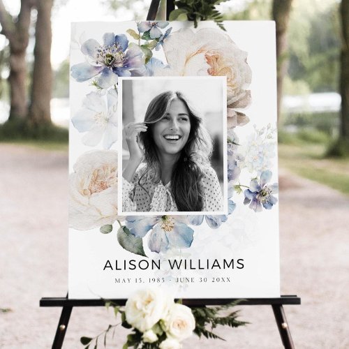 Blue Floral Funeral Welcome Sign Celebration of Li