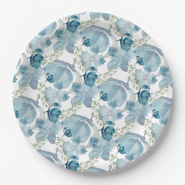 Blue Floral Fusion Watercolor Hand-painted Paper Plates (Front)