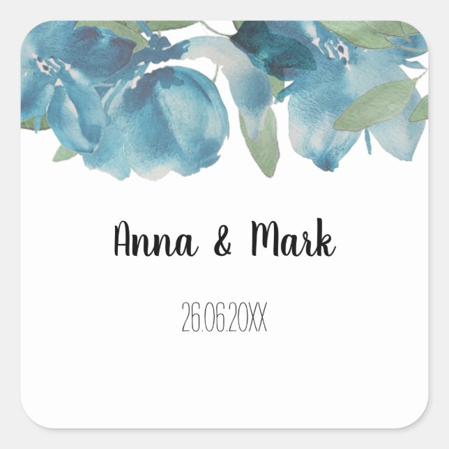 Blue Floral Fusion Watercolor Hand-painted Square Sticker (Front)