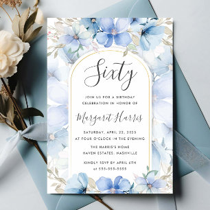 Blue Floral Garden 60th Sixty Birthday Invitation