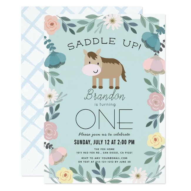 Blue Floral Garden Horse Boy 1st Birthday Invitation