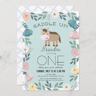 Blue Floral Garden Horse Boy 1st Birthday Invitation