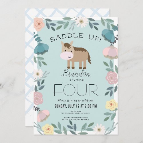 Blue Floral Garden Horse Boy Birthday Invitation