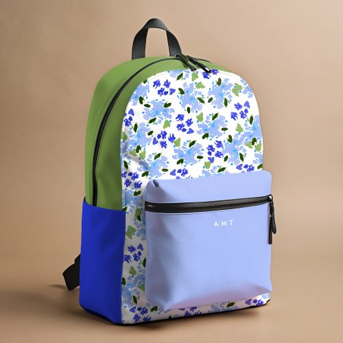 Blue Floral Garden Personalized Name Initial Printed Backpack