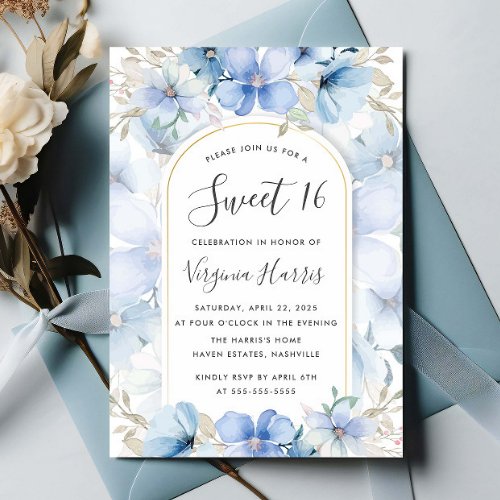 Blue Floral Garden Sweet Sixteen 16 Birthday Invitation