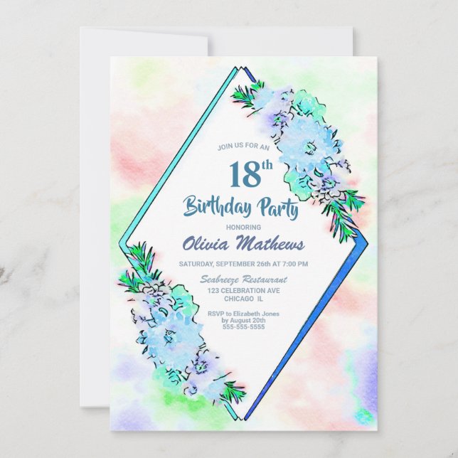 Blue Floral Geometric 18th Birthday Party Invitation (Front)