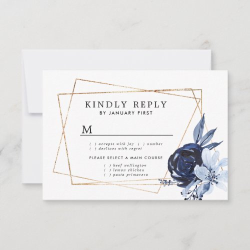 Blue Floral Geometric Frame Wedding RSVP Card