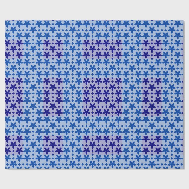 Blue Floral Geometric Pattern | Modern Repeating F Wrapping Paper (Flat)