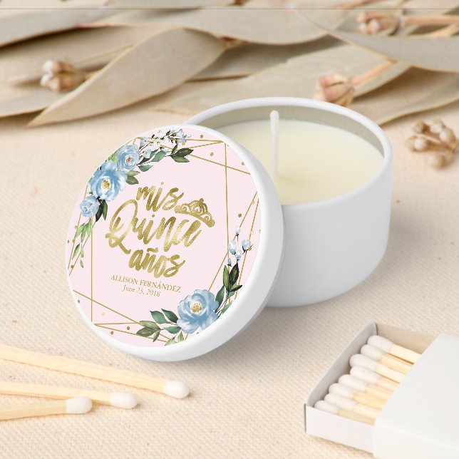 Blue Floral Geometric Quinceañera Mini Candle Favors (Insitu)