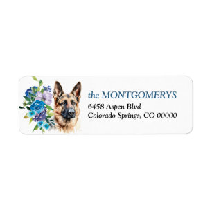Blue Floral German Shepherd Dog Return Address Label