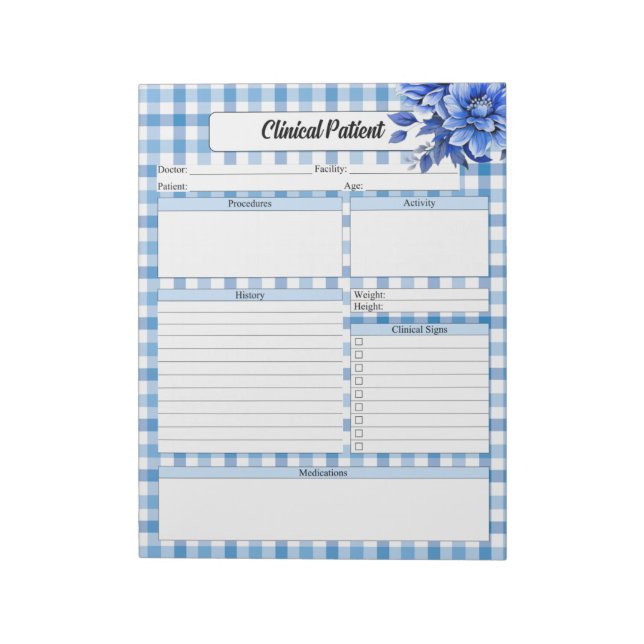 Blue Floral Gingham _ Clinical Patient Notepad (Rotated)