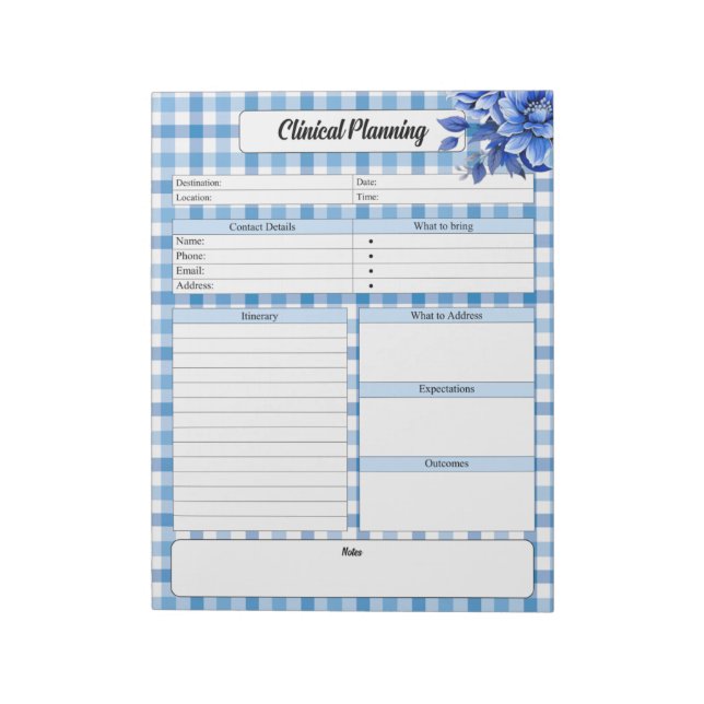 Blue Floral Gingham _ Clinical Planning Notepad (Rotated)