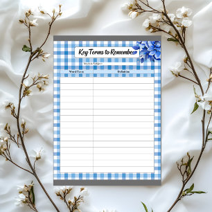 Blue Floral Gingham _ Key Terms to Remember Notepad