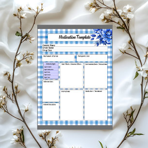 Blue Floral Gingham  _ Medication Template Notepad