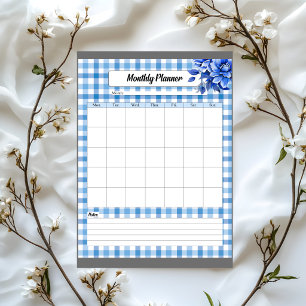 Blue Floral Gingham _ Monthly Planner Notepad