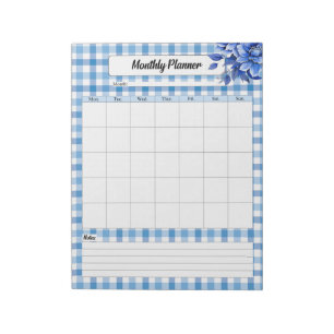 Blue Floral Gingham _ Monthly Planner Notepad