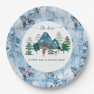 Blue Floral Gingham oh deer baby shower Paper Plates